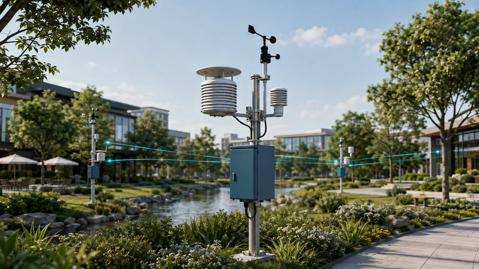 Concept illustration of connected environmental monitoring stations beside an urban park and watercourse.