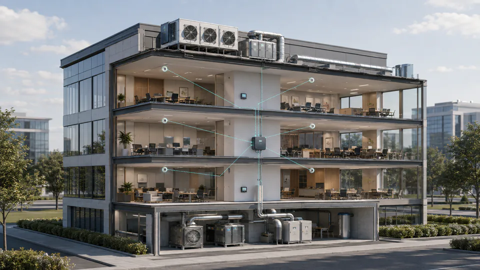 Concept illustration of an office building cutaway with HVAC equipment and connected monitoring points.