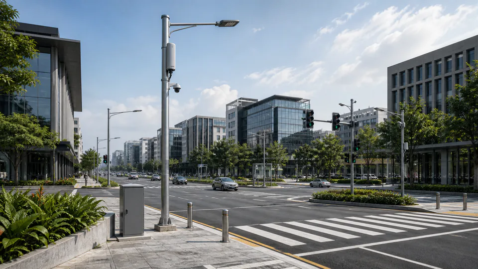 Concept illustration of a city boulevard with connected street lighting, traffic signals and roadside communications equipment.