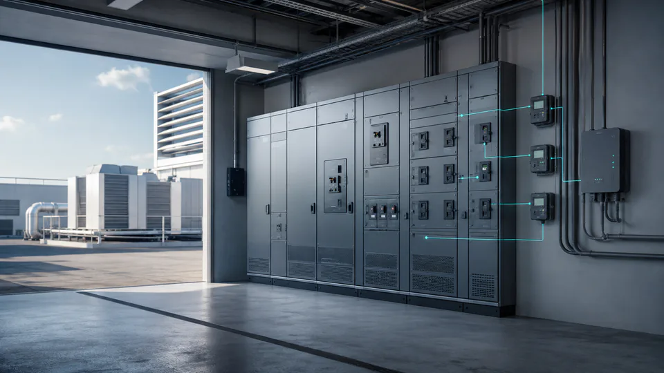 Concept illustration of electrical cabinets, energy meters and an edge gateway, with rooftop building equipment beyond.