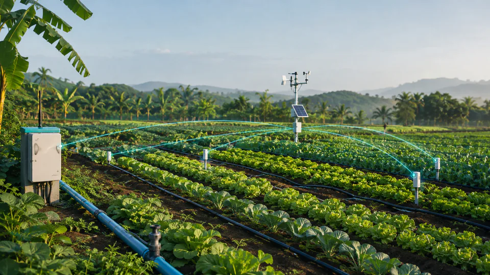 Concept illustration of crop rows, drip irrigation, field sensors, a weather station and an edge gateway.