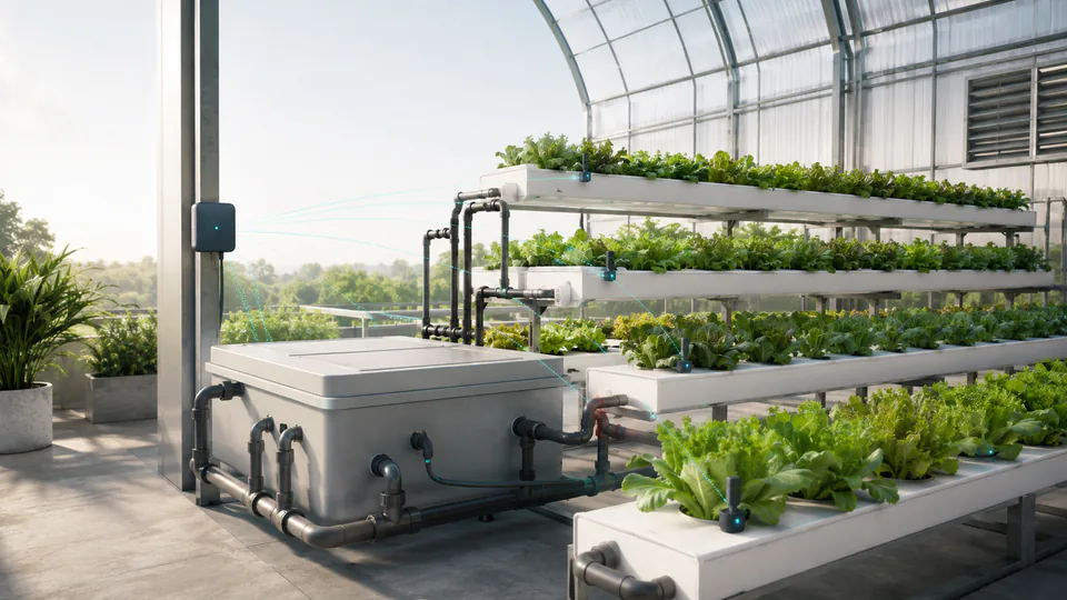 Concept illustration of hydroponic lettuce channels, a closed nutrient reservoir, sensors and a connected gateway.